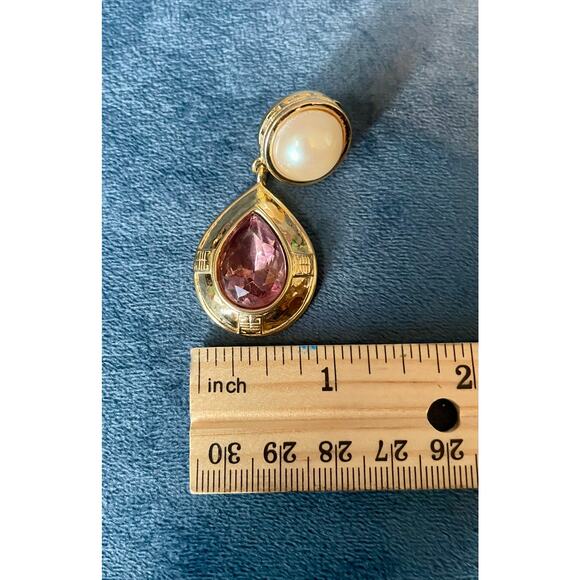 Givenchy Vintage Purple Stone and Pearl Teardrop Earrings Clip On 80s 90s Style - Picture 6 of 6